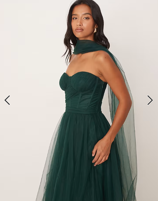 Lace & Beads Petite scarf neck corset tulle maxi dress in forest green