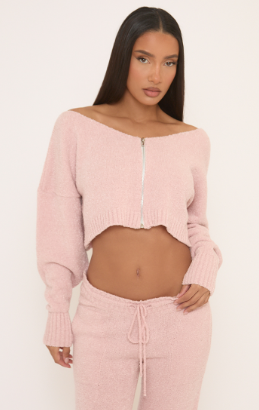 Tie Waist Wide Leg Trousers In Pink Fluffy Knit