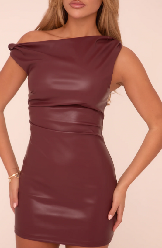 Rebellious - BURGUNDY FAUX LEATHER ONE SHOULDER MINI DRESS - KEZIA