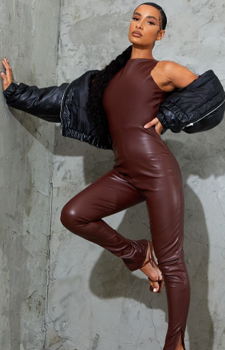 Chocolate PU Racer Neck Split Hem Jumpsuit