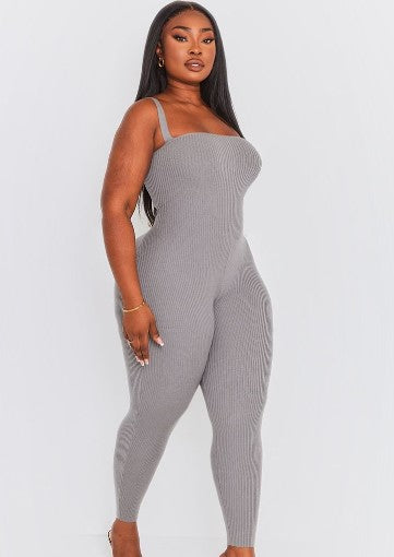 Plus Charcoal Knitted Ribbed Strappy Jumpsuit