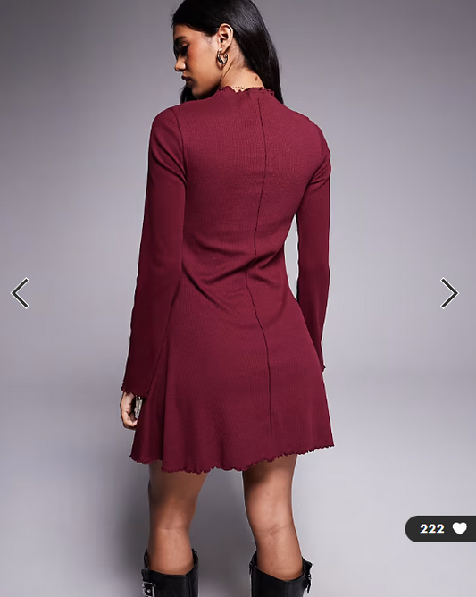 ASOS DESIGN ribbed long sleeve lettuce hem mini dress in burgundy