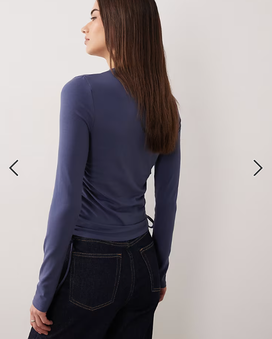 ASOS DESIGN ruched detail tie side high neck long sleeve top in dusky blue