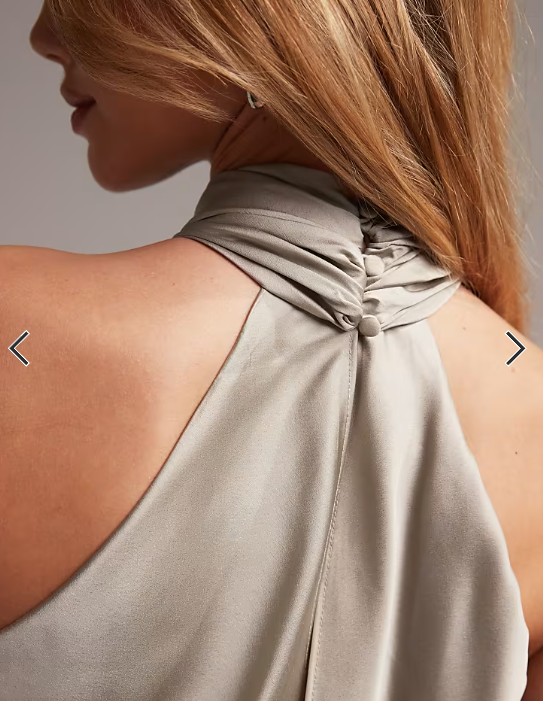ASOS DESIGN Bridesmaid satin ruched halter neck maxi dress in sage green