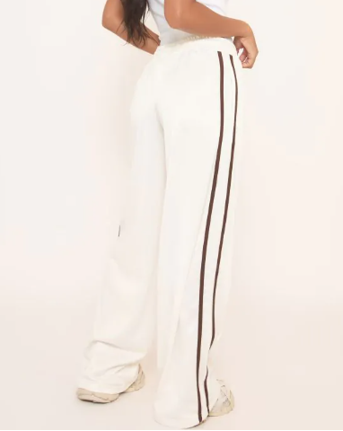 Mid Rise Tie Waist Detail Contrast Side Stripe Joggers In Cream