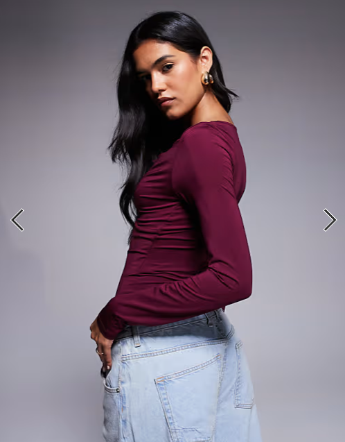 ASOS DESIGN slinky long sleeve deep v neck top with lace in burgundy