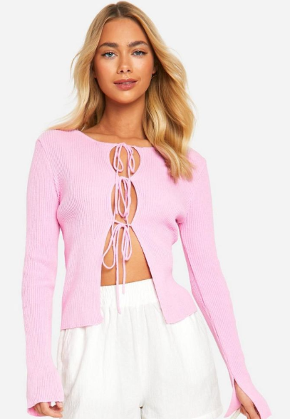 Boohoo Lightweight Rib Knit Tie Front Cardigan - baby pink