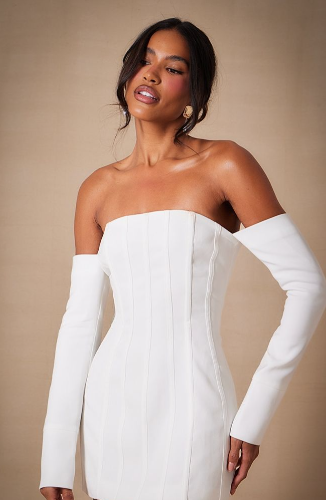 Premium White Woven Bandeau Boned Mini Dress