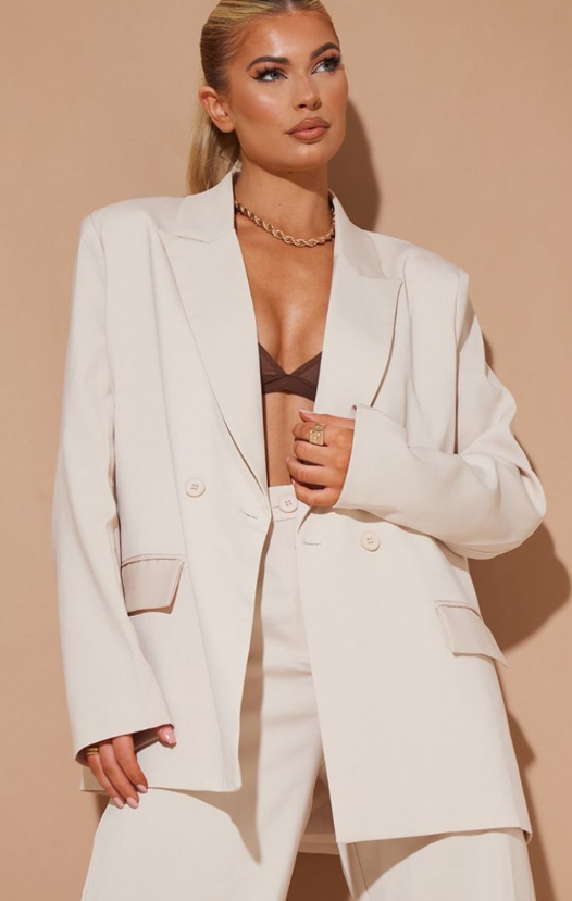 Stone Woven Oversized Shoulder Pad Pocket Blazer