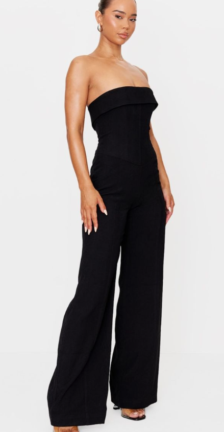 Premium Black Woven Bandeau Corset Straight Leg Jumpsuit