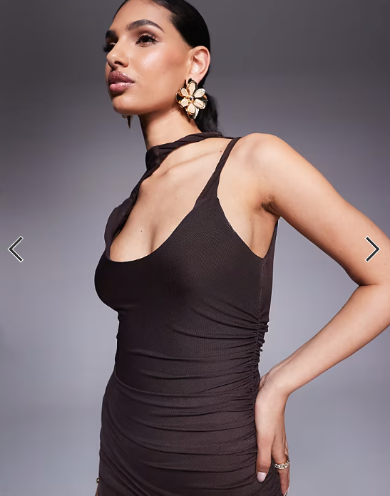ASOS DESIGN mesh scooped away neckline mini dress with twisted strap in chocolate