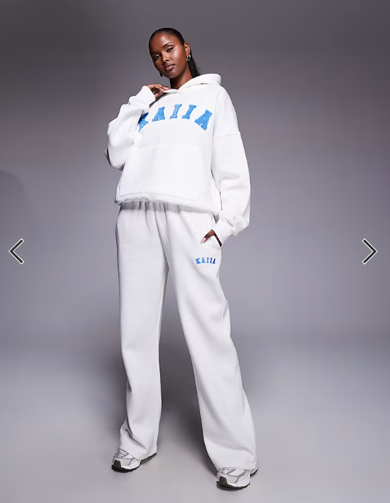 Kaiia cotton rich embroidered logo wide leg sweatpants in white and blue