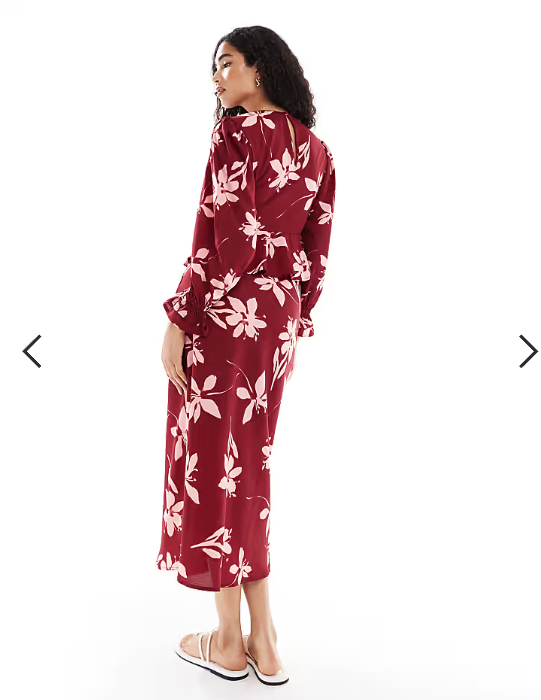 Wednesday's Girl floral print bias cut midaxi skirt in burgundy