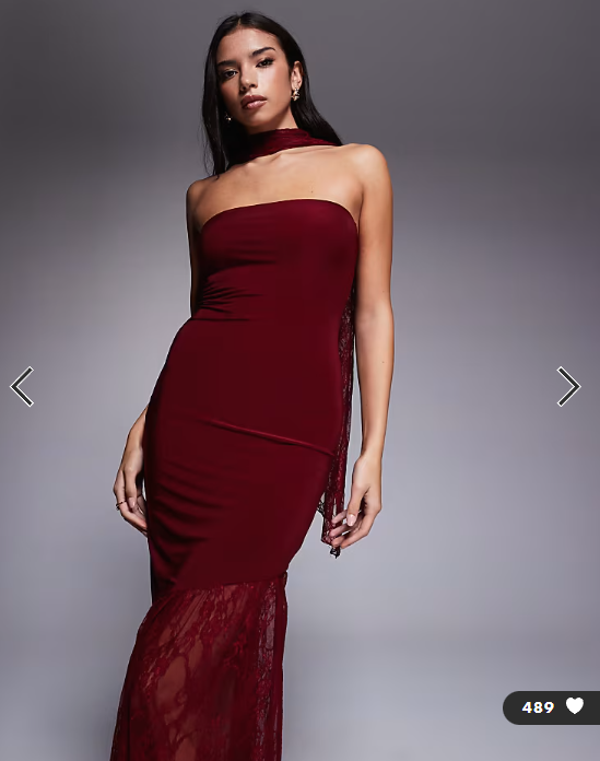 Fashionkilla exclusive double sculpted slinky bandeau sheer lace hem scarf detail maxi dress in burgundy