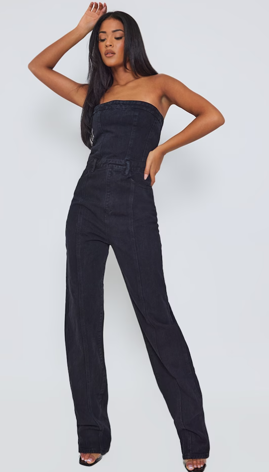 Tall Black Bandeau Denim Straight Leg Jumpsuit