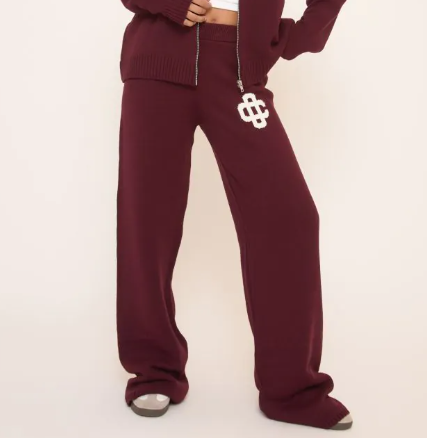 High Waist Contrast Swirl Wide Leg Trousers In Burgundy Knit