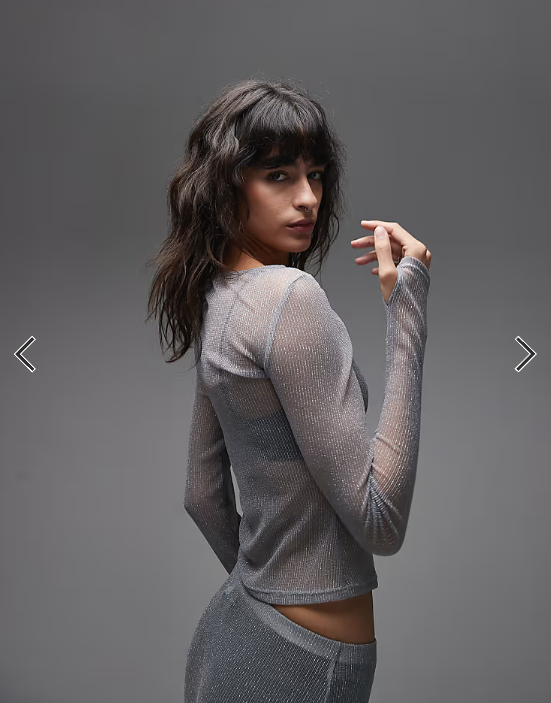 ASOS DESIGN co-ord semi sheer metallic knit long sleeve top in silver