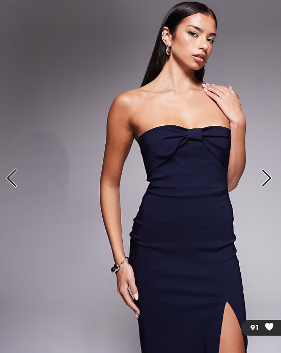 Vesper Bengaline bow front detail bandeau thigh split maxi dress in navy