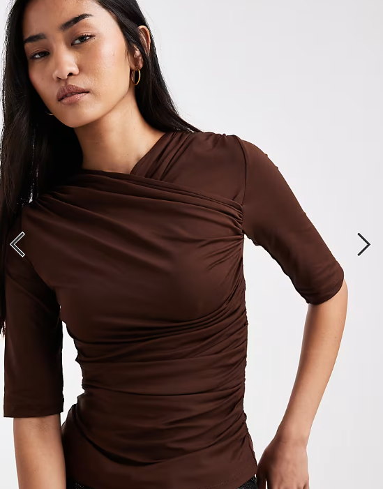 ASOS DESIGN short sleeve with wrap detail and ruching top in brown
