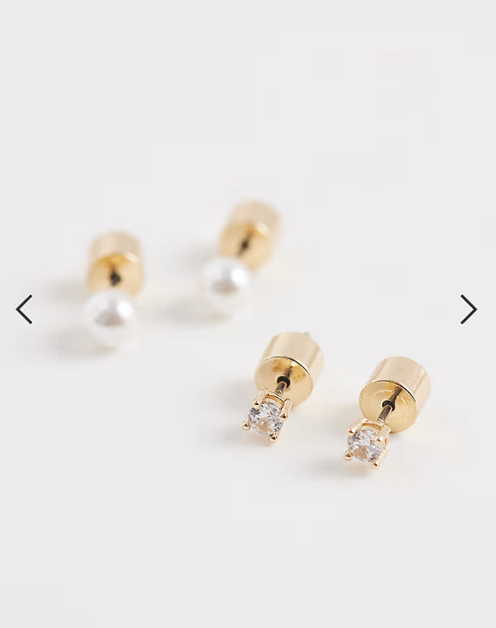 ASOS DESIGN pack of 2 studs in faux pearl and diamante design in gold tone