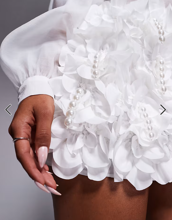 ASOS LUXE 3D floral ruffle mini skirt with drop pearl embellishment in white