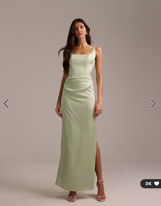 ASOS DESIGN bridesmaids square neck satin maxi dress with asymmetric skirt overlay in sage green