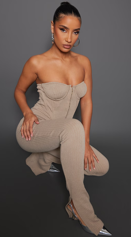 Taupe Textured Rib Corset Bandeau Split Hem Jumpsuit