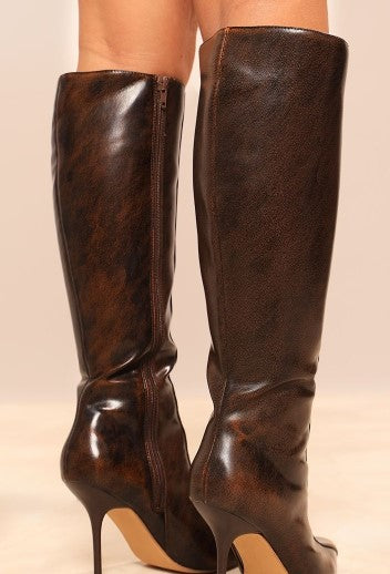 Brown Pu Point Toe Distressed Knee High Heeled Boots -1