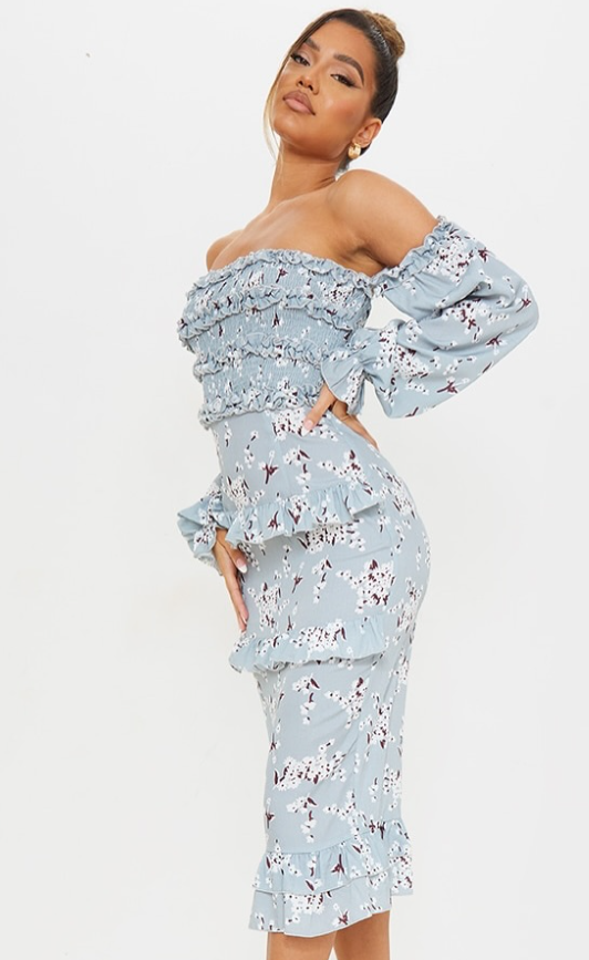 Blue Floral Print Shirred Ruffle Bardot Midi Dress.