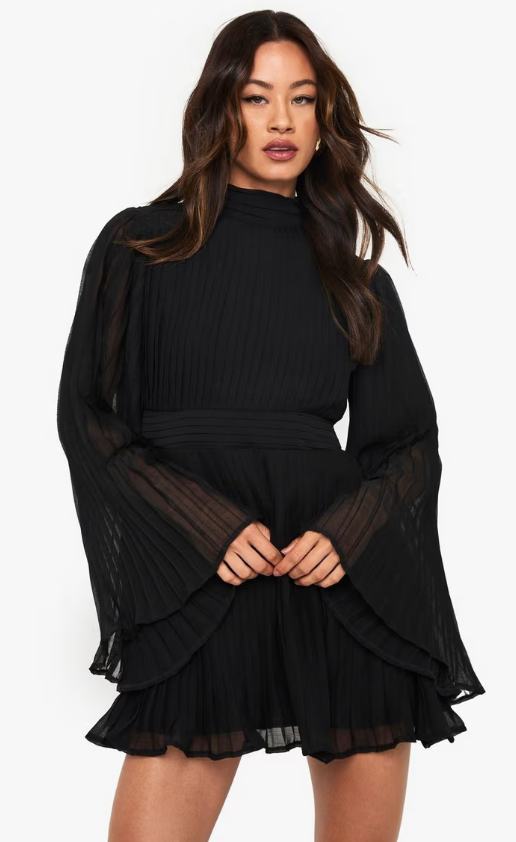 Boohoo Tall Pleated Chiffon High Neck Flare Sleeve Mini Dress - black