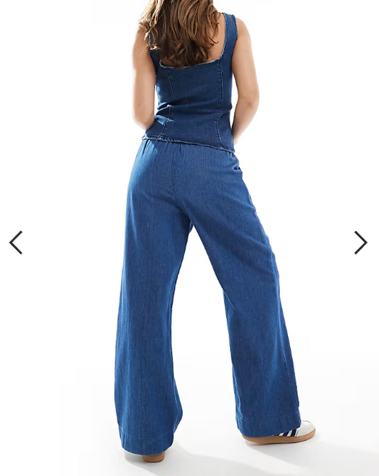 New Look denim pull on wide leg trousers in mid blue