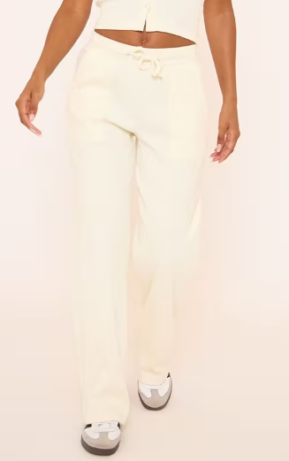 Tie Waist Wide Leg Trousers In Cream Rib