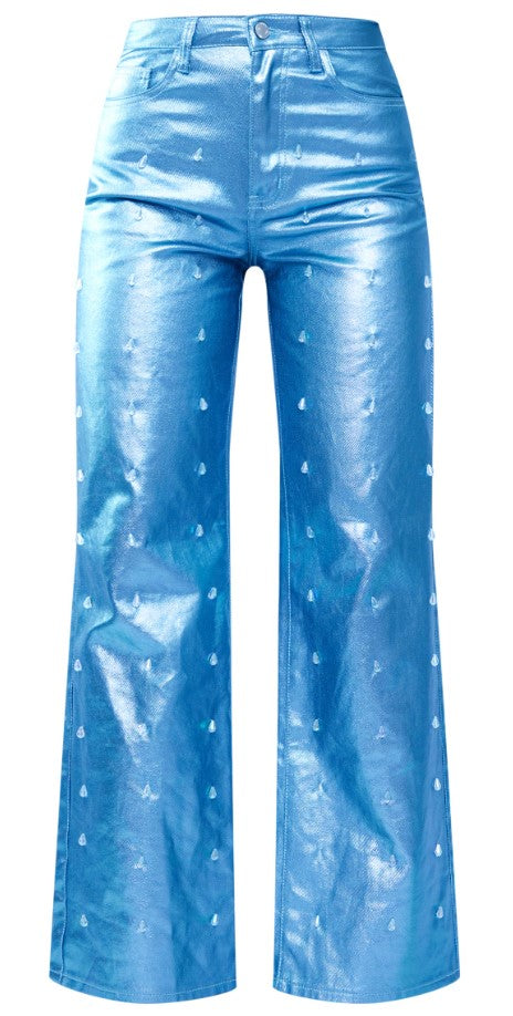 Blue Embellished Metallic Coated Denim Wide Leg Jeans