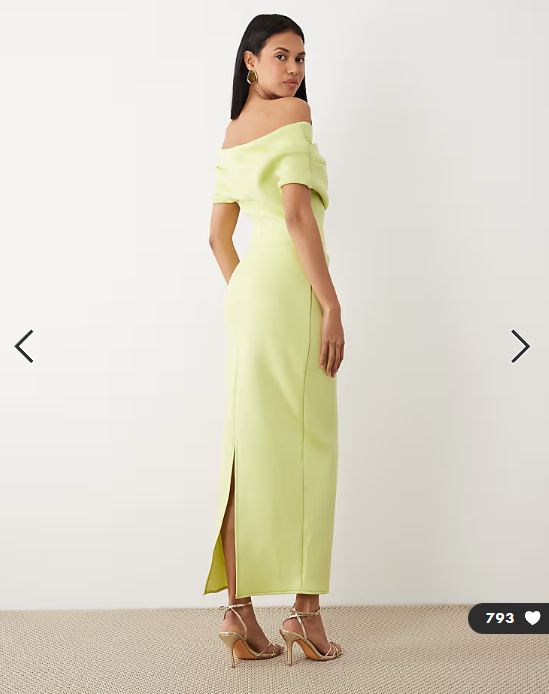 ASOS DESIGN bardot midi dress with split in light green scuba-style fabric