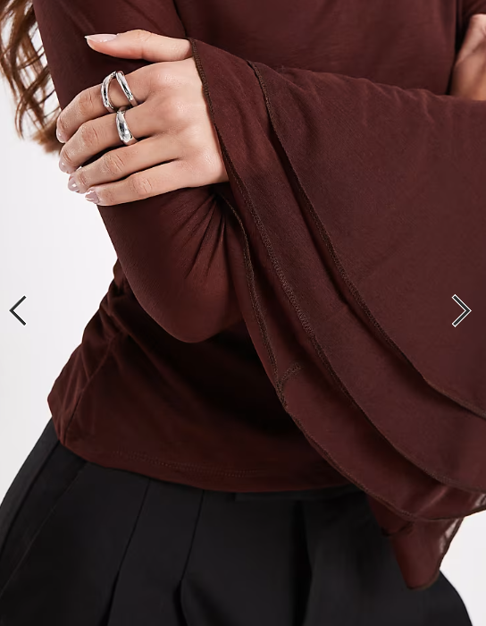 Asos - slinky long sleeve top with mesh flare sleeve detail in chocolate