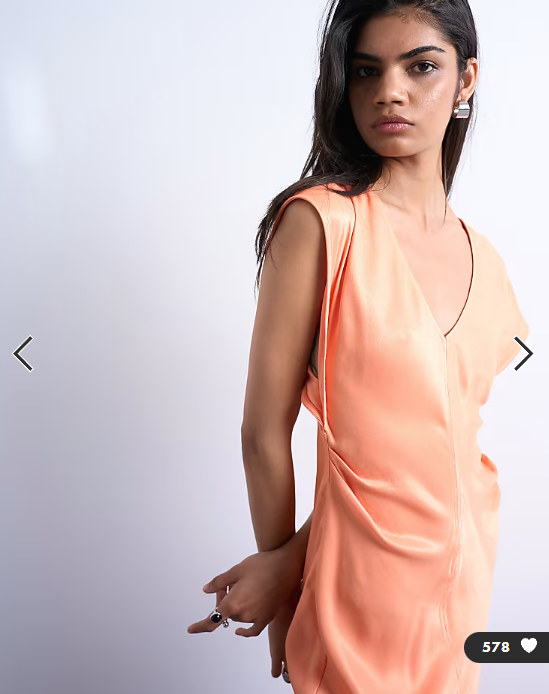 Topshop deep v tucked side satin maxi dress in peach