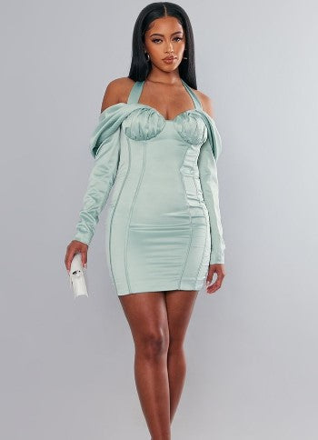 Label Sage Constructed Satin Draped Bardot Bodycon Dress