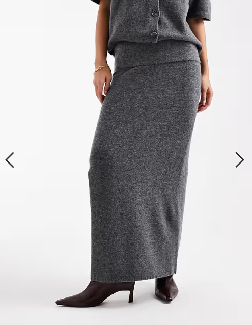 Pieces foldover waist knitted midi skirt co-ord in medium grey melange
