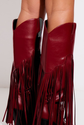 Red PU Point Toe Tassel Fringed Block Heel Knee Western Boots