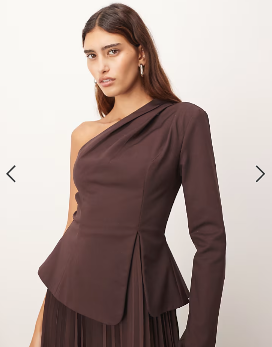 ARRANGE sculpted one shoulder maxi dress with micro pleat hem in chocolate