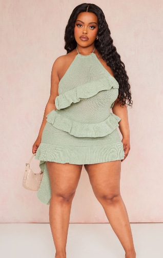 Plus Sage Green Knitted Ruffle Halterneck Bodycon Dress