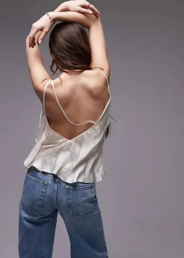 Topshop - double strap satin cami with ruffle in champagne