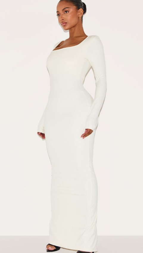 Shape Cream Built In Bra Sculpt Square Neck Long Sleeve Maxi Dress