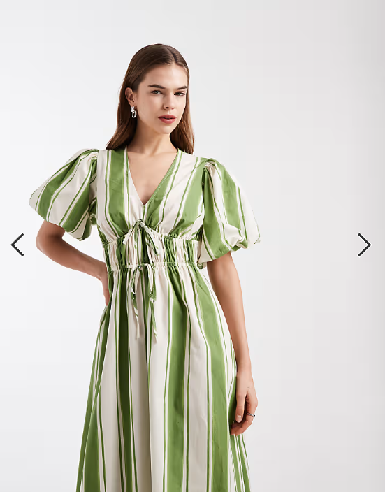 New Look stripe puff sleeve v neck midi dress in cream