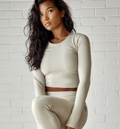 Pale Khaki Contour Sculpt Long Sleeve Crop Top