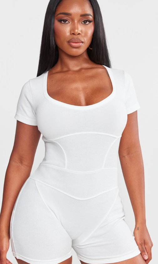 Shape Cream Rib Seam Detail Short Sleeve Unitard