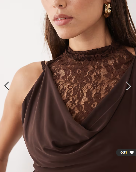 ASOS DESIGN lace and slinky layered cowl maxi dress in chocolate