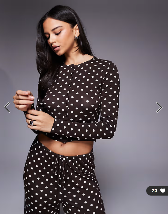 Kaiia exclusive super soft jersey button through long sleeve top co-ord in brown and cream polka dot