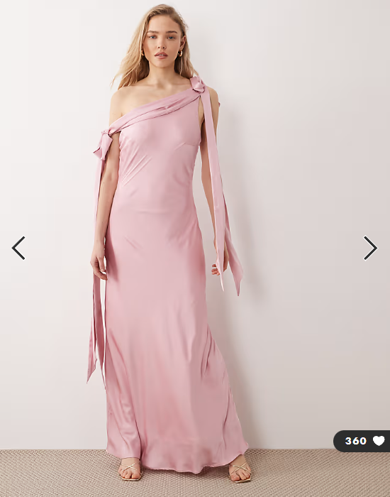 TFNC Bridesmaids fallen shoulder satin maxi dress in pink