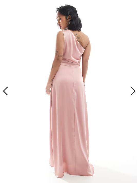 TFNC Petite Bridesmaid one shoulder satin maxi dress with wrap skirt in dusky pink
